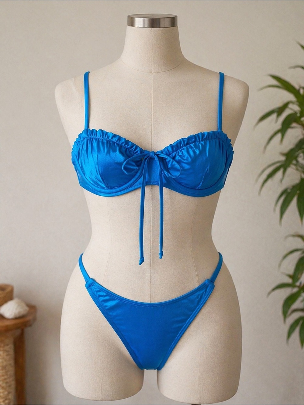 Somerfield Swim Bikini Set Small Blue Tie Front Ruched Top High Cut Bottom NWT